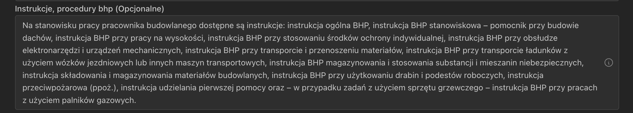 Nowe pole Instrukcje BHP