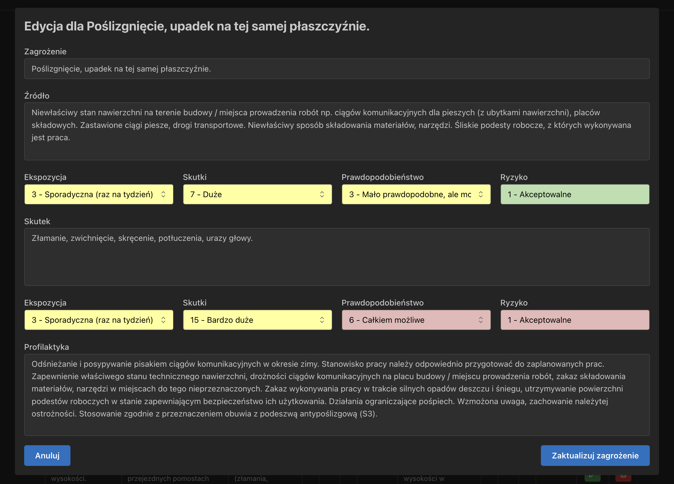 Edycja zagrozenia risk score